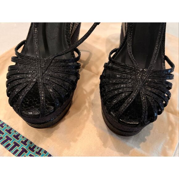 Tory Burch Women's Strappy Leather Snakeskin Platform Wedge Sandals Black Size 9 - Picture 5 of 10